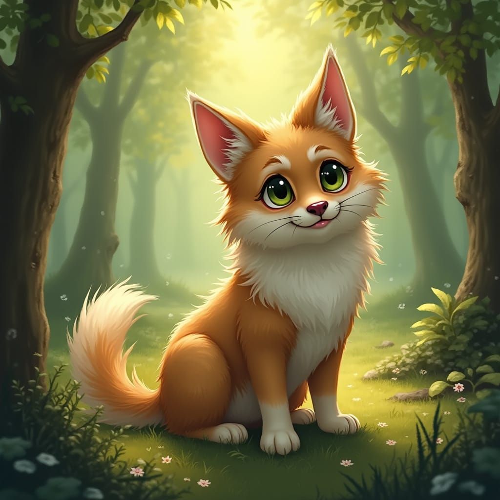 Whimsical Dog-Cat Hybrid in Magical Forest