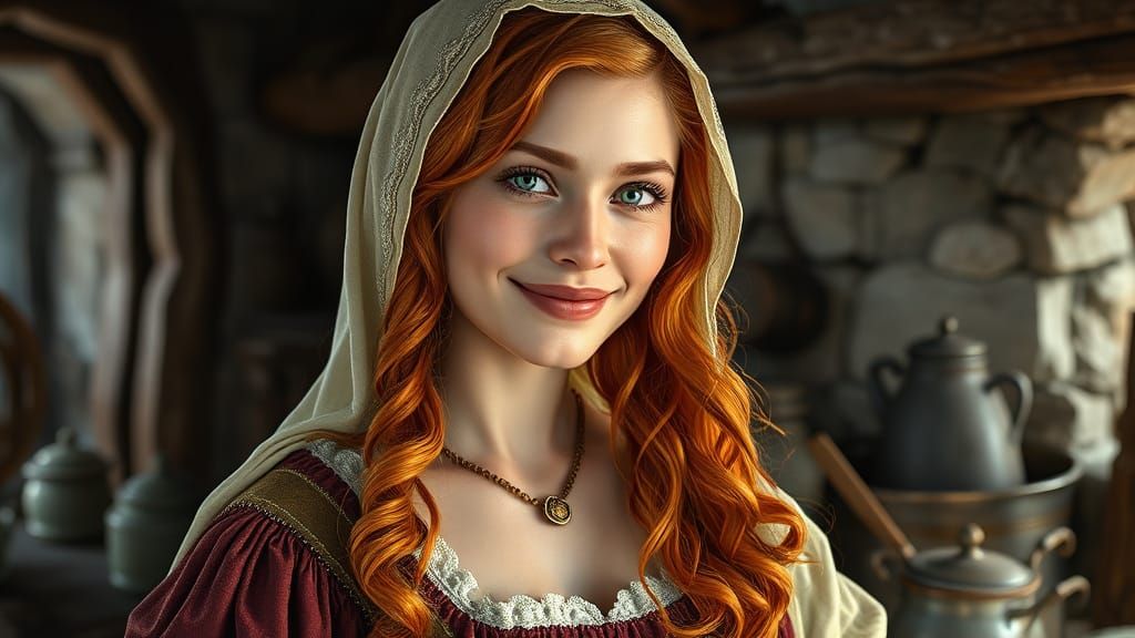 Medieval Maiden Cooking in Whimsical Cottage