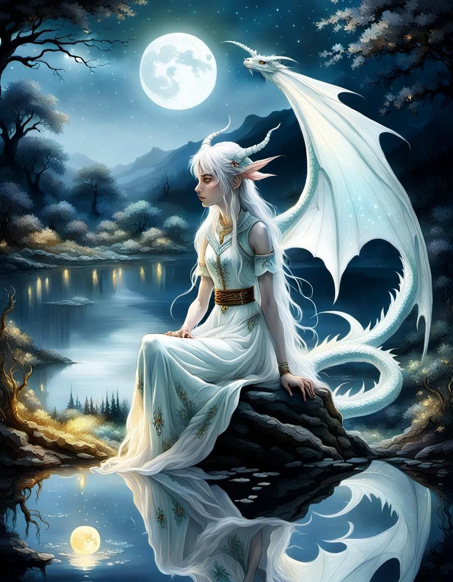 Dragon and Elf Girl in Dreamy Landscape