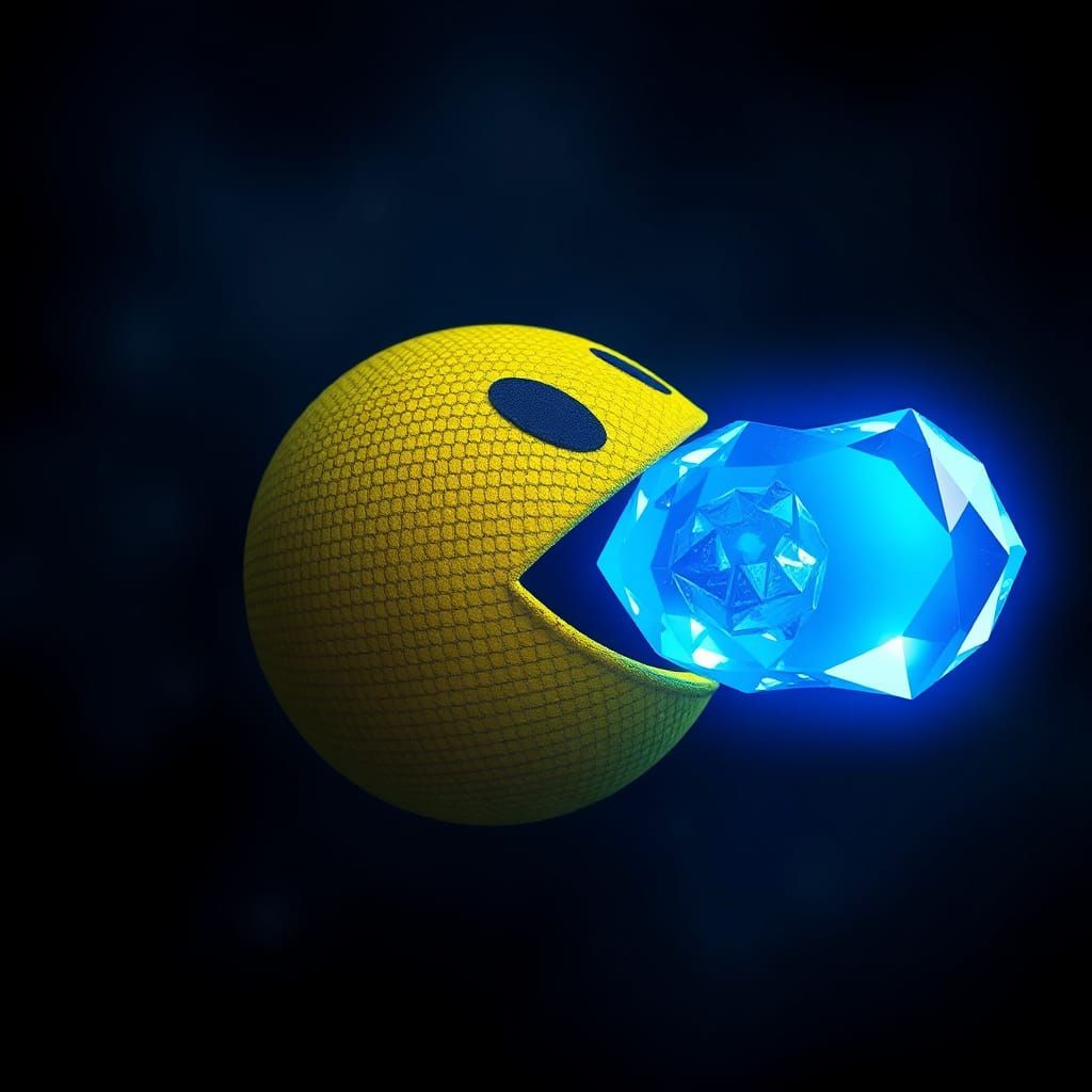 Pacman Devouring a Blue Diamond in Hyperreal Detail