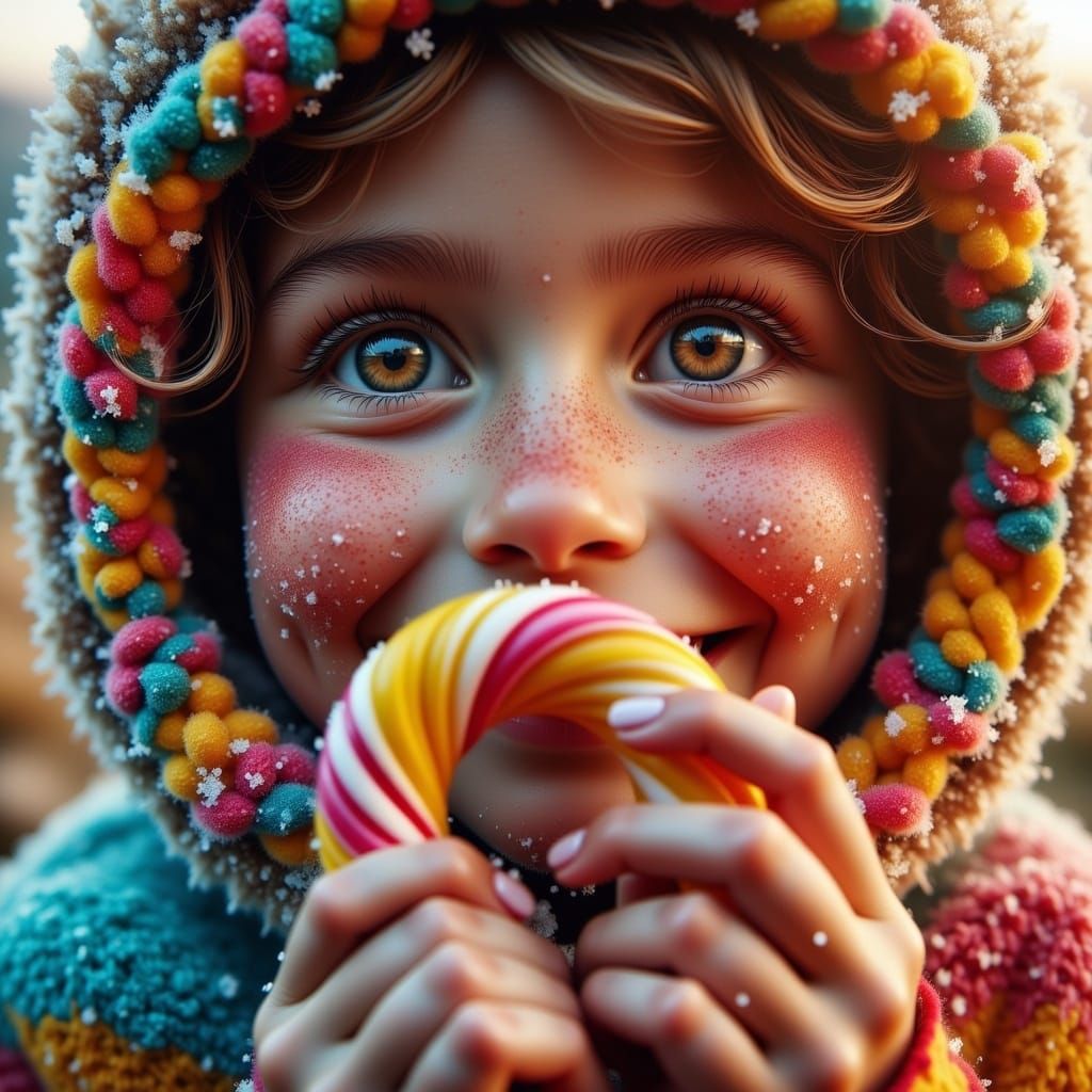 Child's Joyful Gaze at Candy Cane: Hyperrealistic Portrait