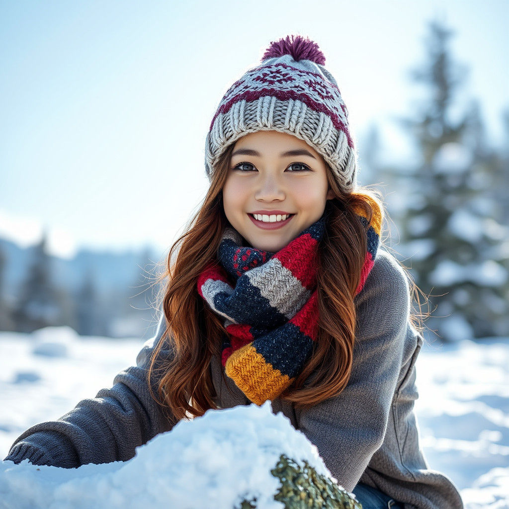 Korean Woman in Winter Scene, Holly Hobbie Style