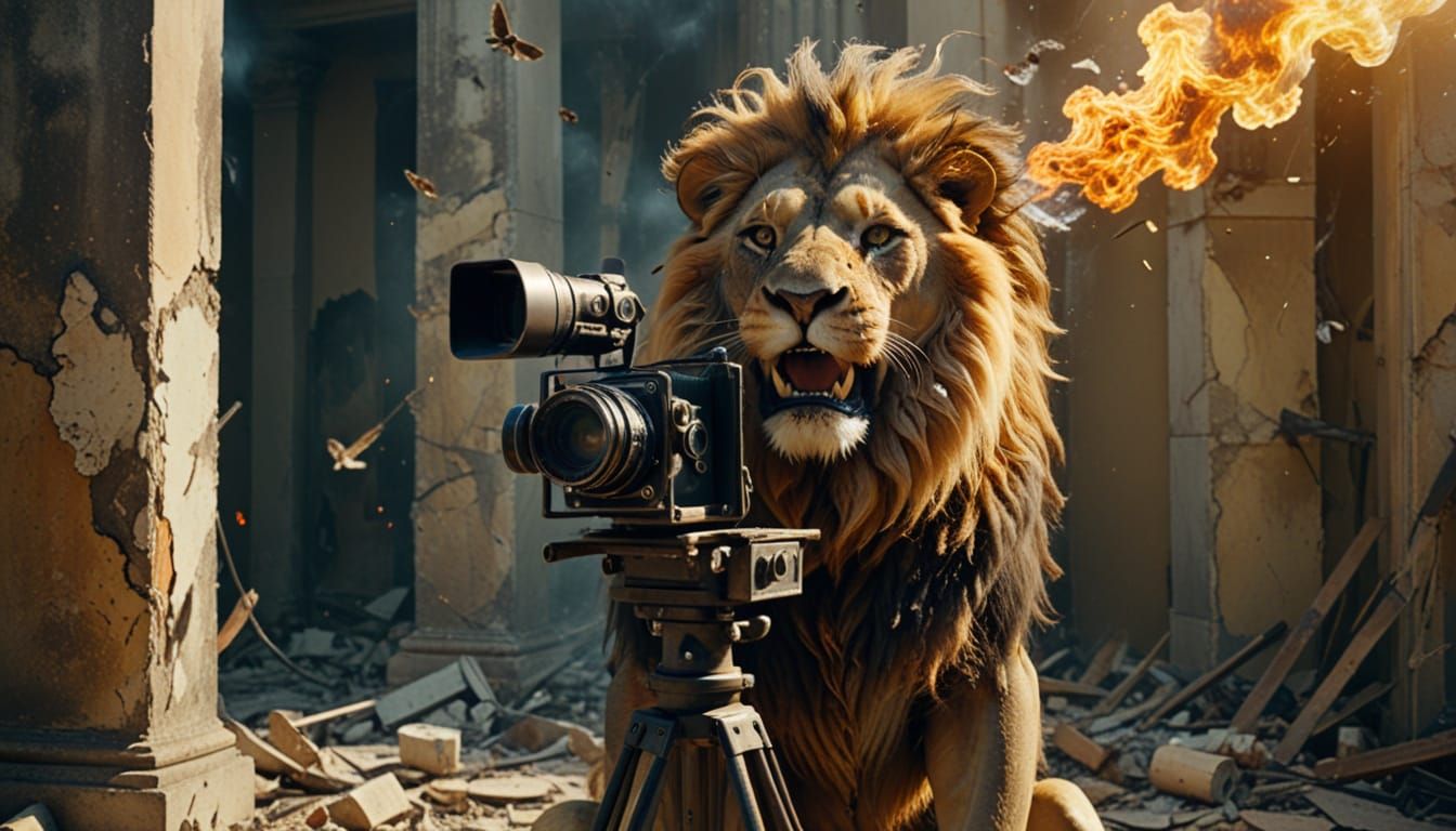Surreal Lion-like Camera Creature Roaring in Flames