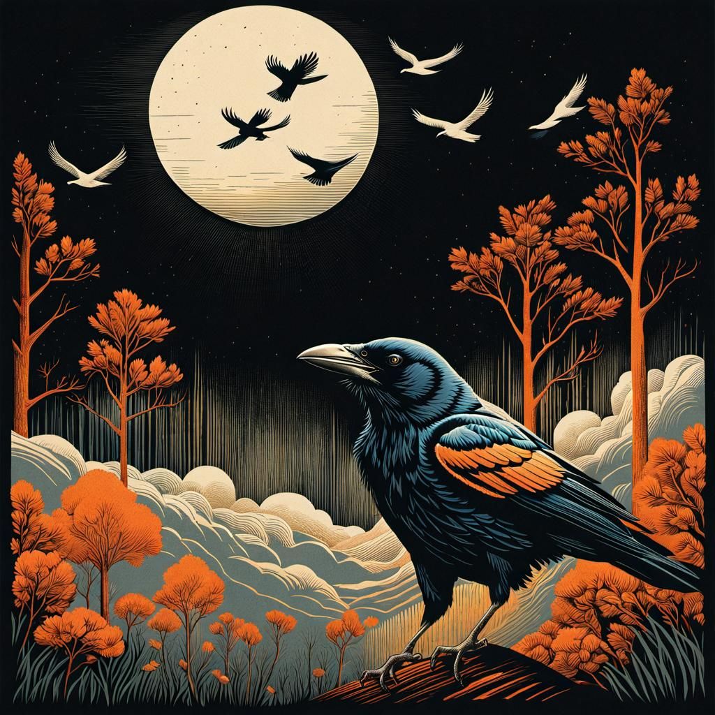 Crows in Flight: Linocut Woodcut Printing with Textures