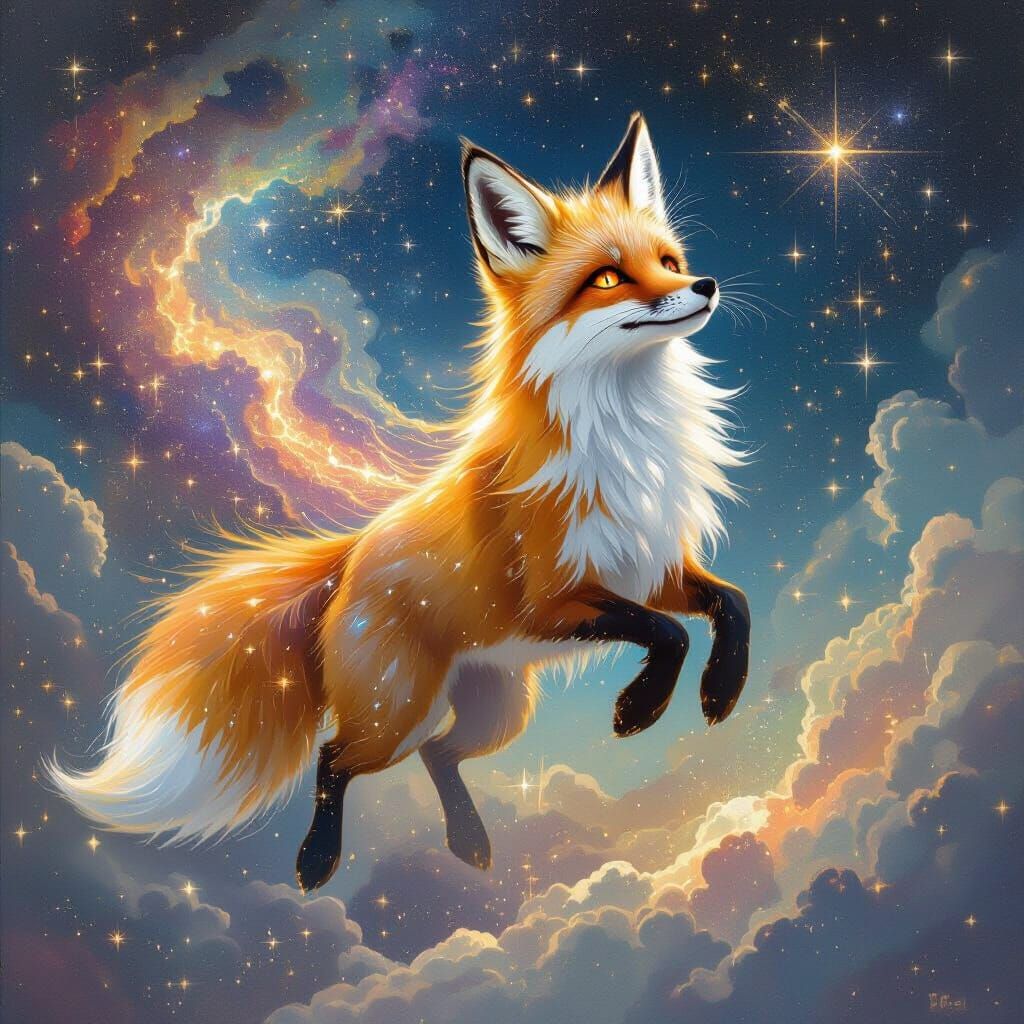 A celestial fox with fur made of swirling nebulae, gracefully dances across a starlit sky, leaving trails of shimmering ...