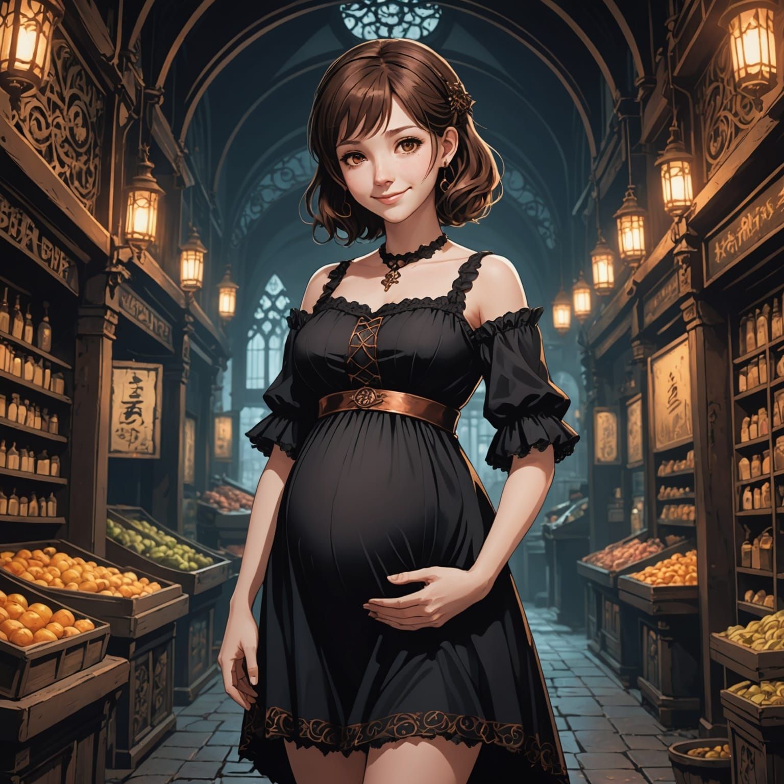 Pregnant Woman in Gothic Dress in Underworld Market