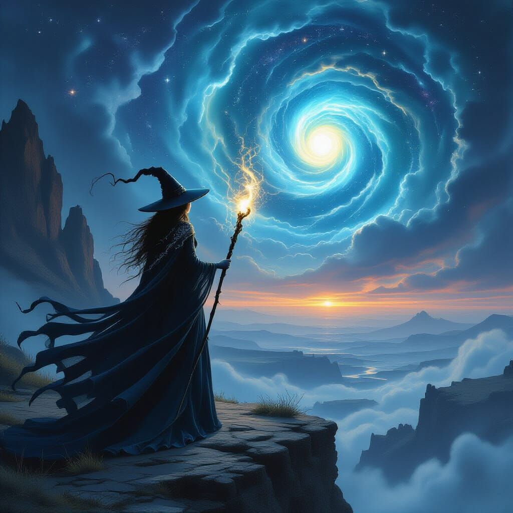 Celestial Witch Overlooking Alien Landscape in Dark Fantasy
