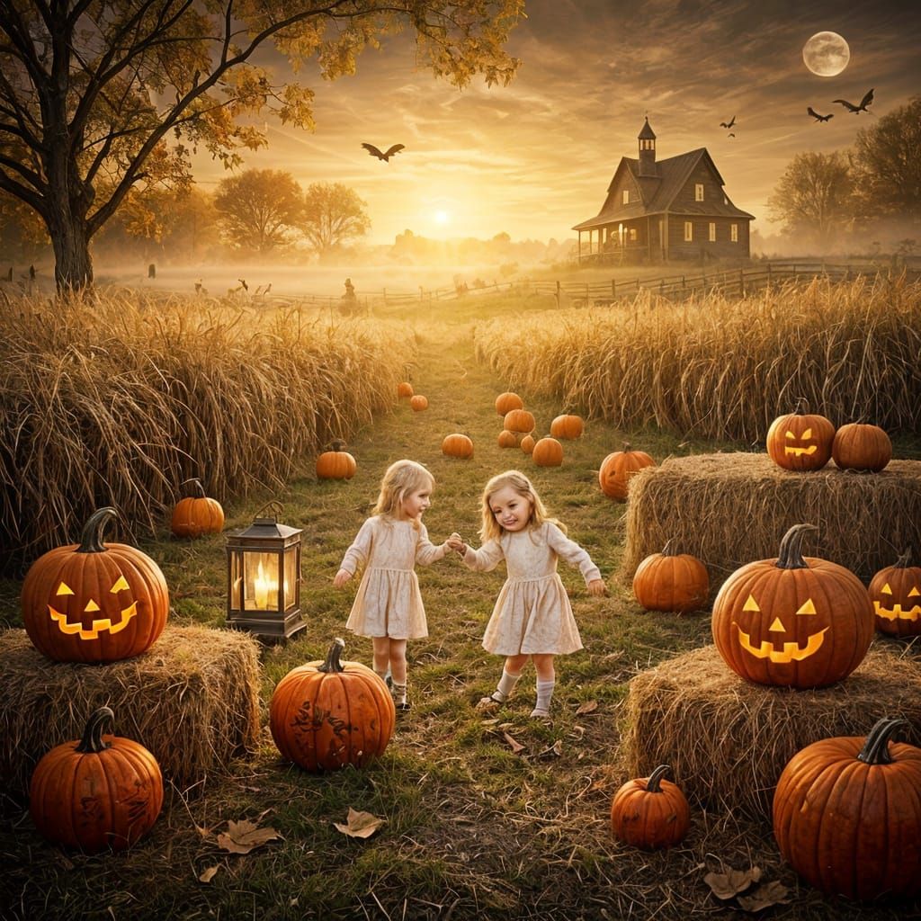 Ghostly Children Laughing in a Magical Pumpkin Patch