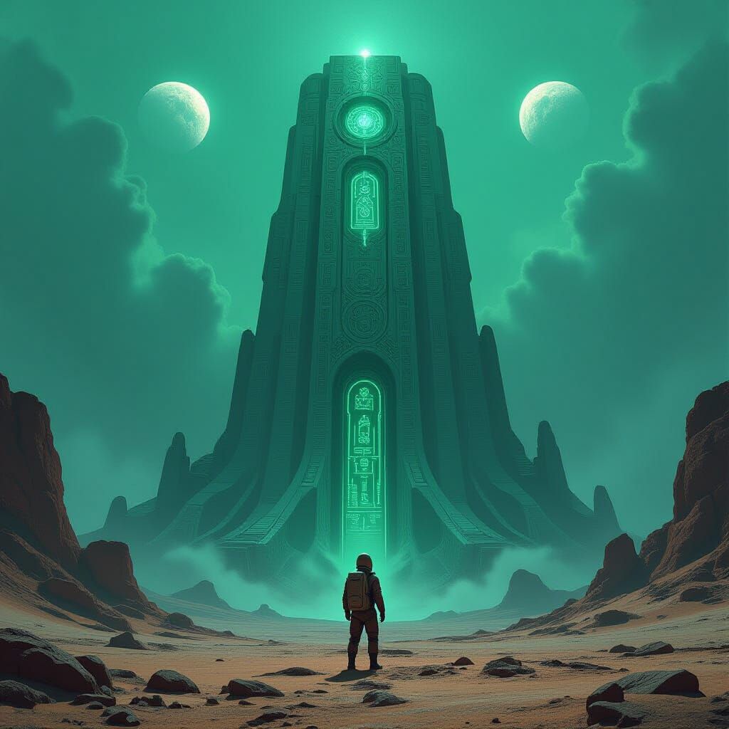 Astronaut and Ancient Alien Structure on Barren World