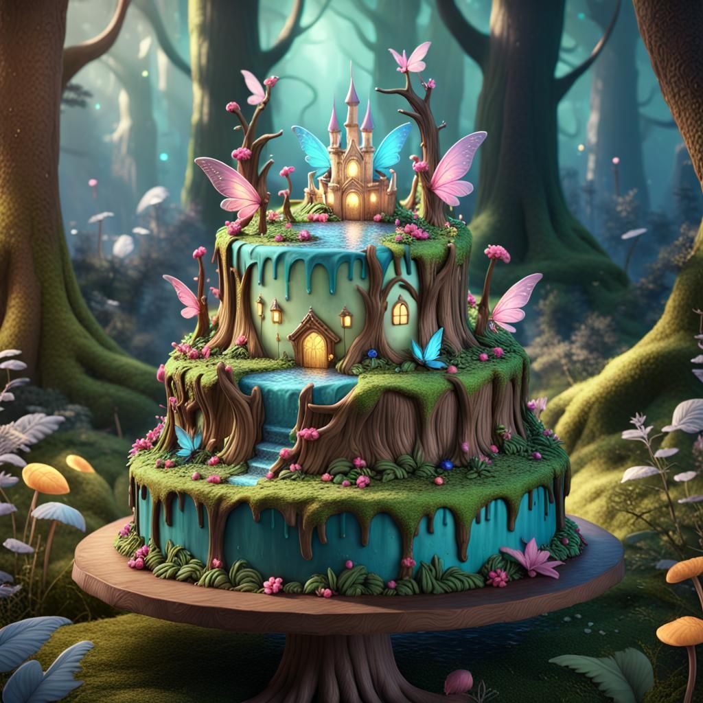 Enchanting Fairy Forest Birthday Cake in Detailed Digital Ar...