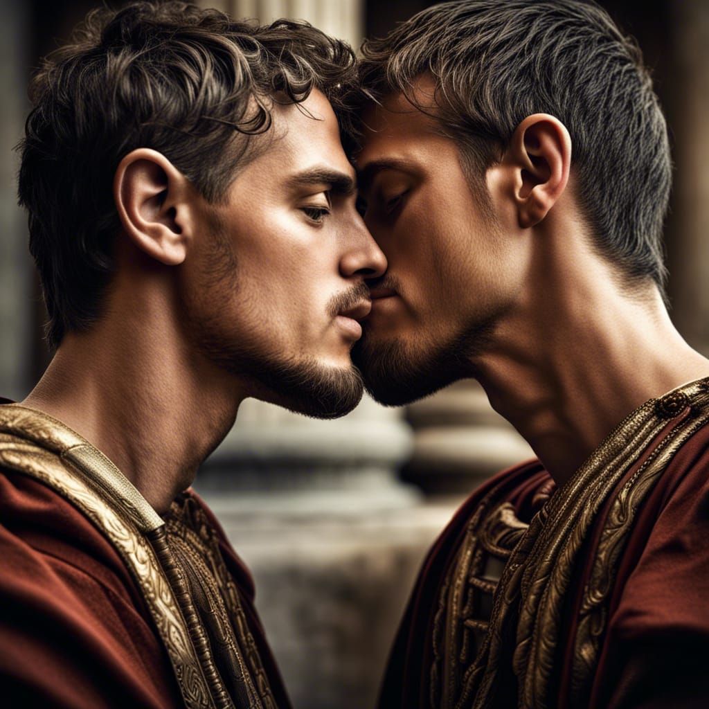 Passionate Kiss Between Two Roman Men