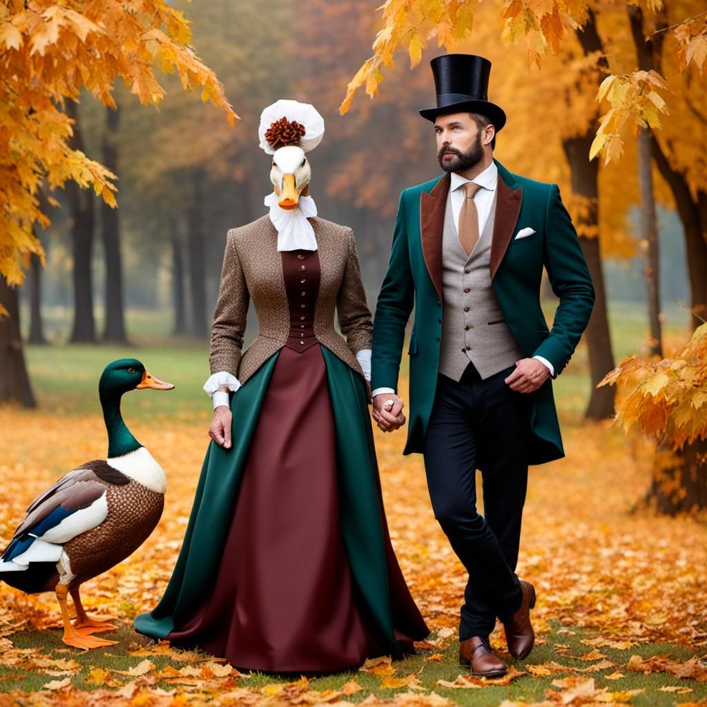 Elegant Duck Couple in Autumn Clothing