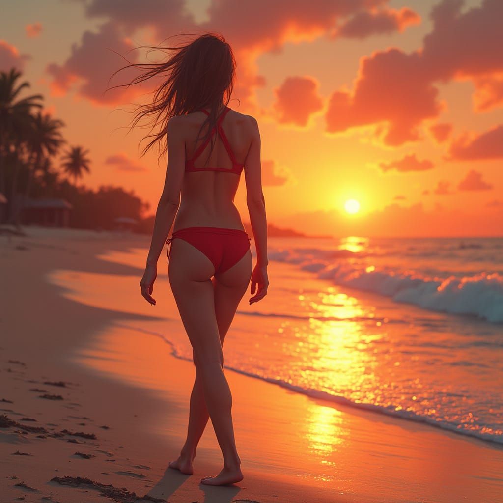 Woman in Red Bikini on Sunset Beach