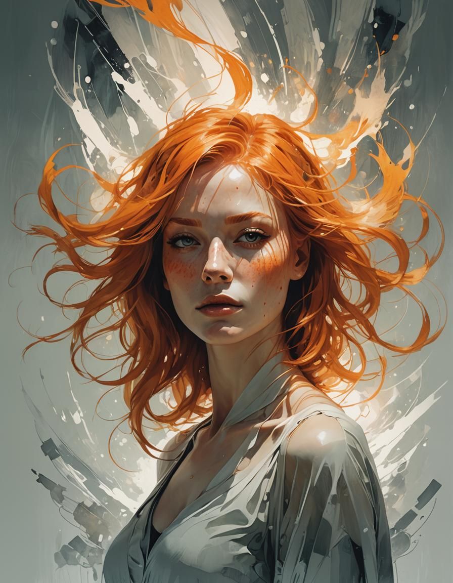 Orange Haired Woman in Double Exposure Illustration