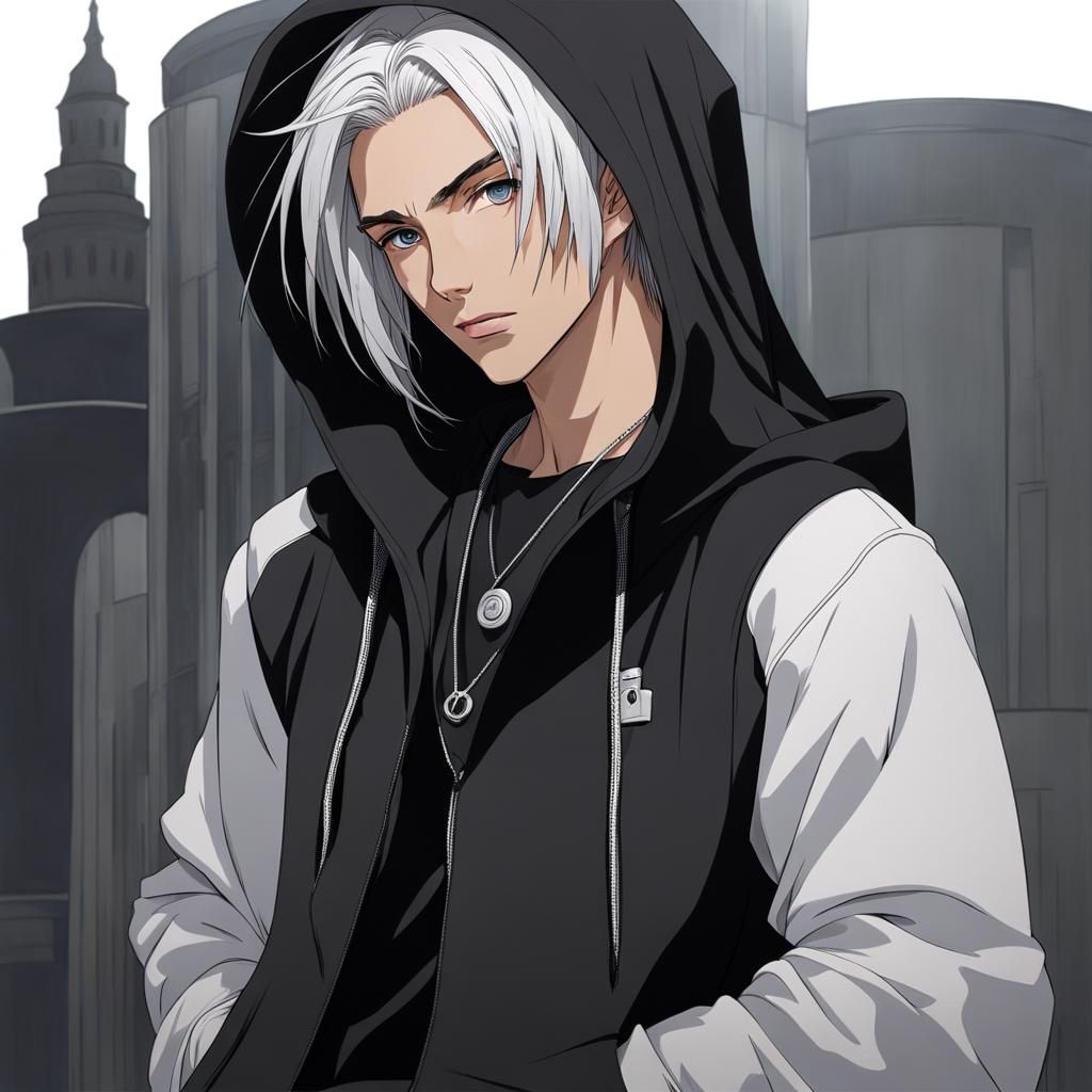 Hazel-Eyed Man with Ash Grey Hair in Hoodie