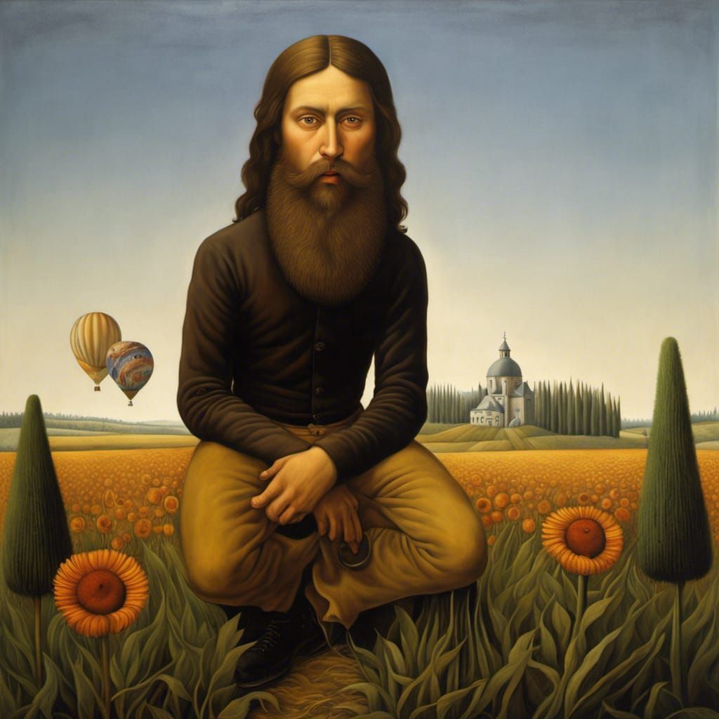 Hippie guy tripping in farmland