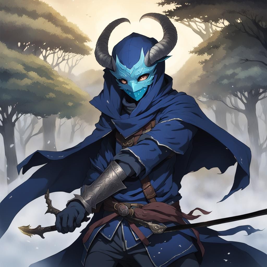 Tiefling Ranger with Bird Mask in Anime Style