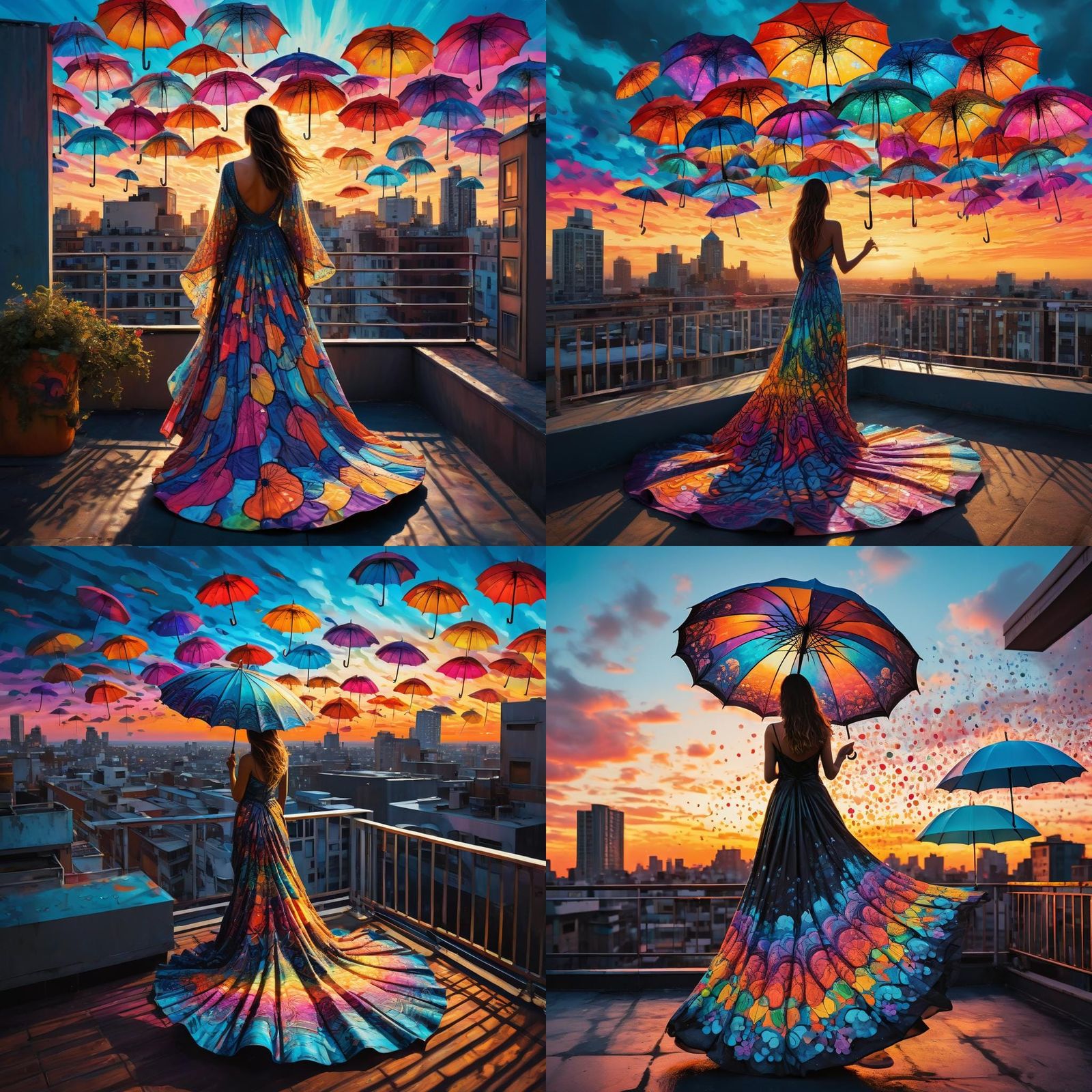 Vibrant Sunset Scene with Psychedelic Umbrellas and Elegant...