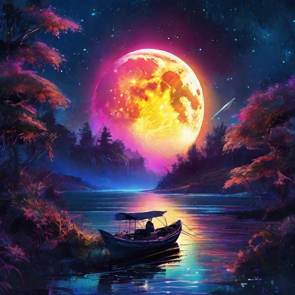 Spaceship Chasing a Glowing Moon, in Digital Painting Style