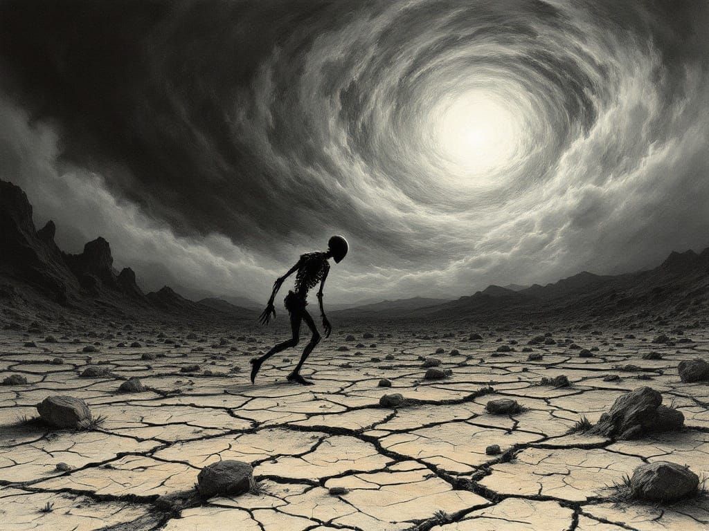 Dark Surrealist Figure in Barren Wasteland Drawing
