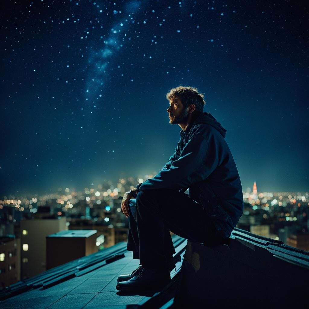Contemplative Figure on Rooftop in Cinematic Style
