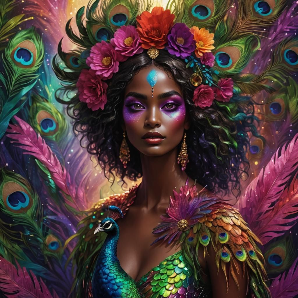 Rainbow Woman with Peacock Feathers in Cosmic Style