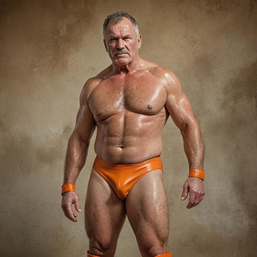Muscled Wrestler in Vibrant Orange Trunks, Defiant Pose