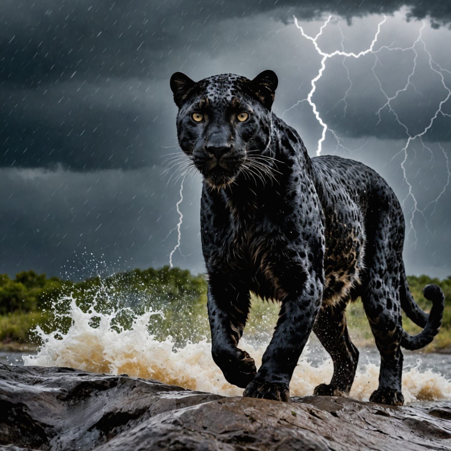Black Leopard in Stormy Jungle Environment