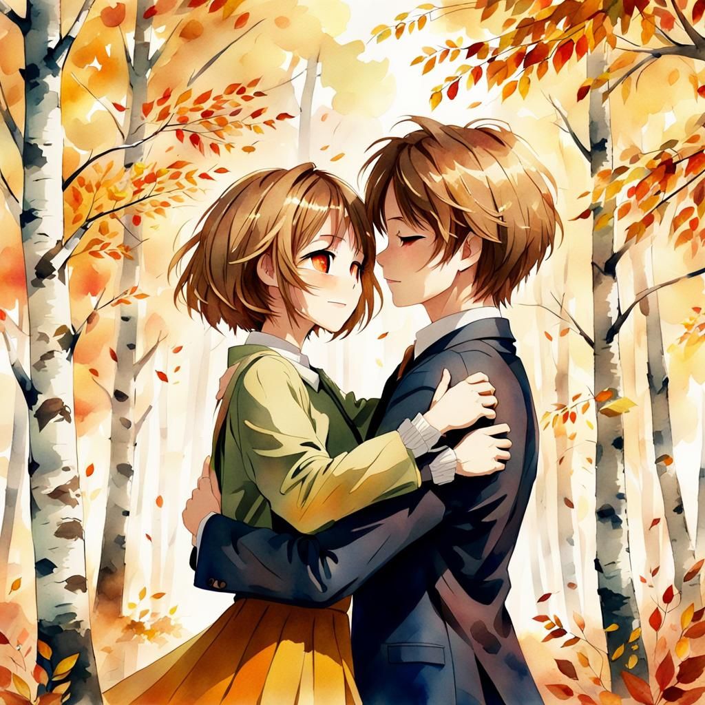 Anime Couple Embrace in Autumn Birch Forest