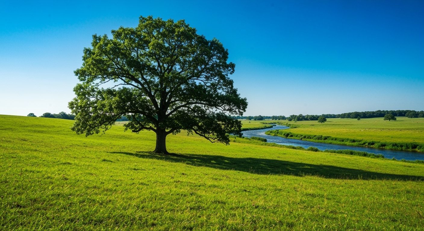 Vast Grassy Hill with River and Shady Tree