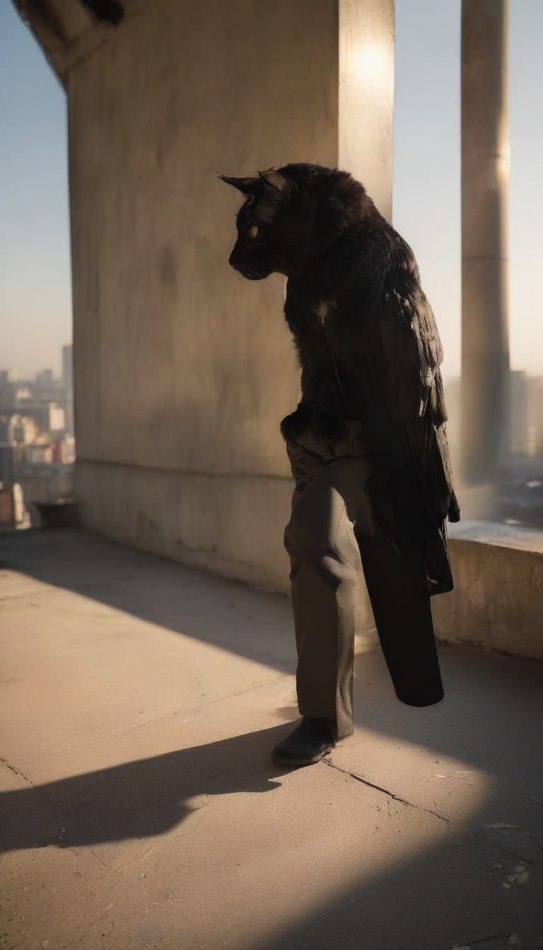 Elderly Man and Cat on High Rise Ledge at Sunset