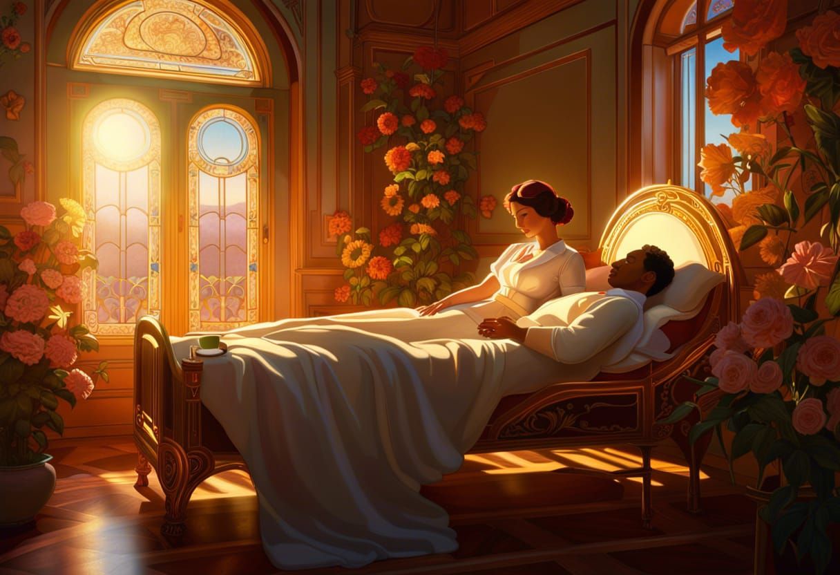 Nurse Cares for Patient in Art Nouveau Room