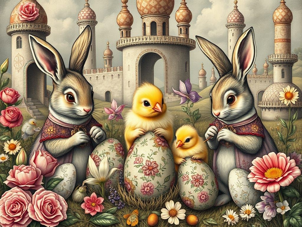 Easter Bunnies Painting Eggs in Renaissance Charcoal Style