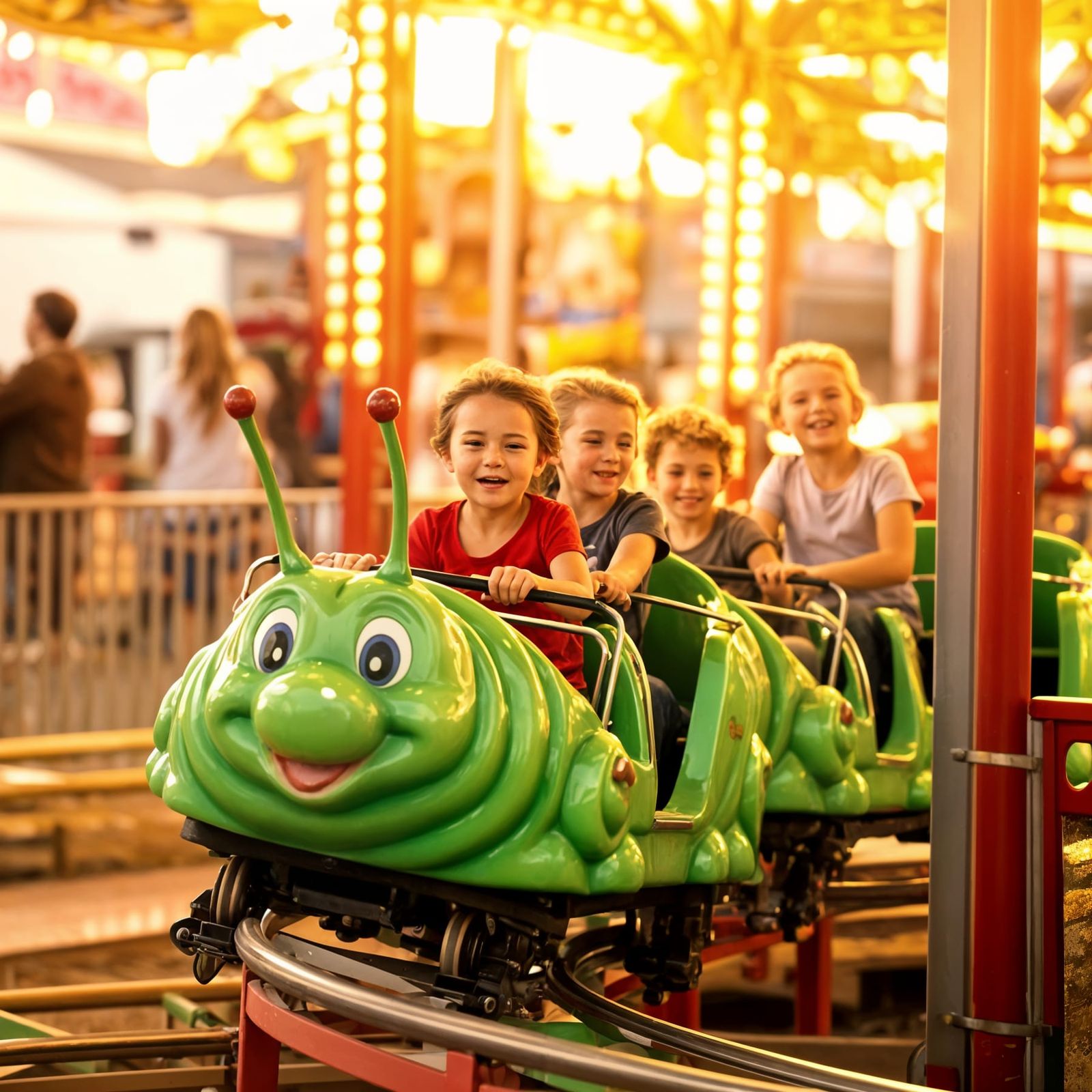 Excited Kids Ride Caterpillar Roller Coaster at Fair