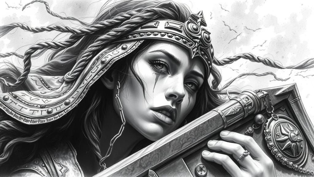 Hyperdetailed Charcoal Drawing of a Lost Female Warrior