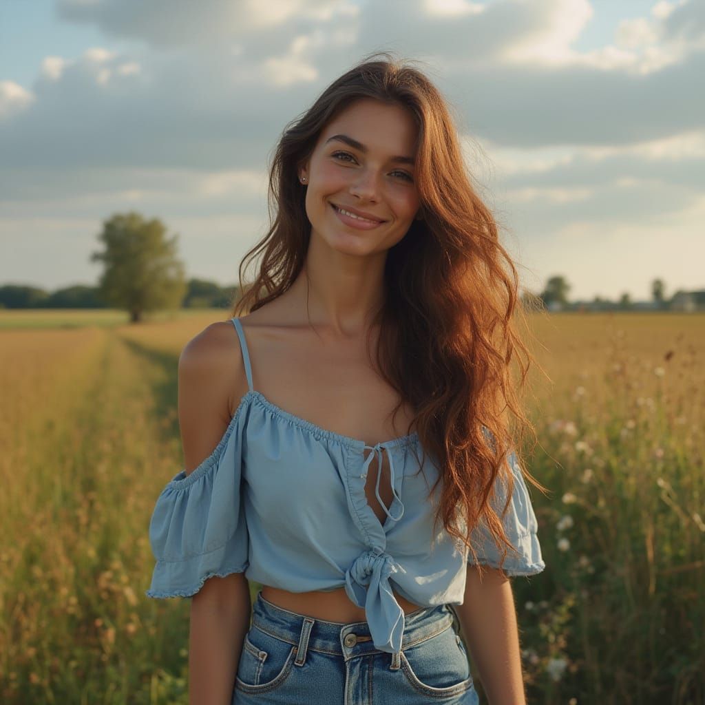 Young Woman Smiling on Train in Vibrant Colors