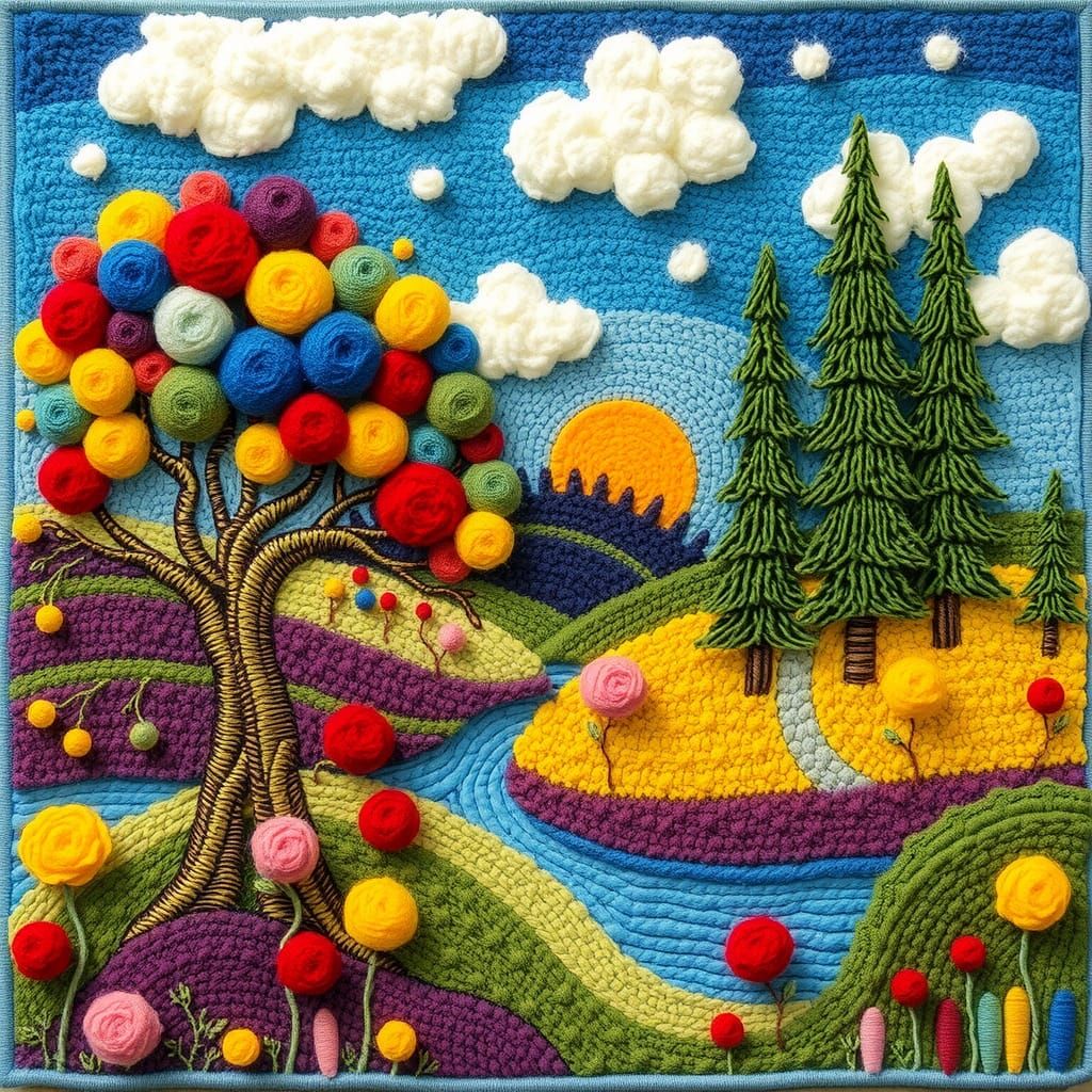 Whimsical Landscape Tapestry in Beatrix Potter Style