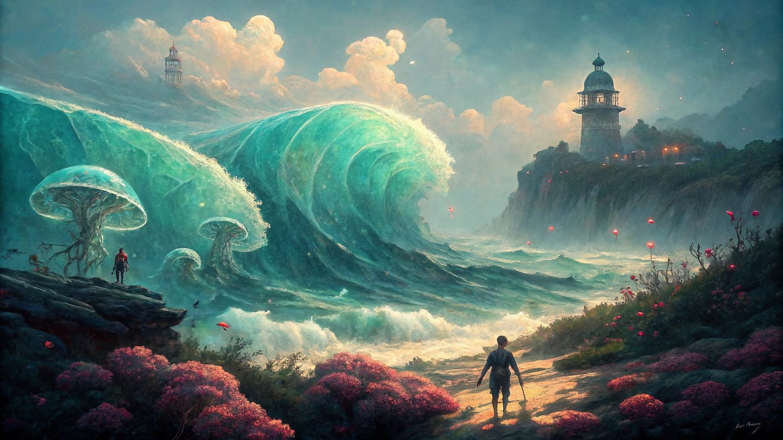 Dreamlike Seascape with Bioluminescent Life as Oil Painting