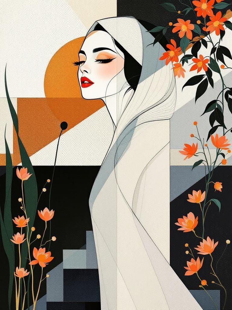 Abstract Pin-Up in Art Nouveau Style with Geometric Patterns