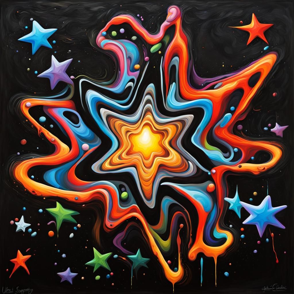 Electromagnetic Star in Vivid Impasto Graffiti Art