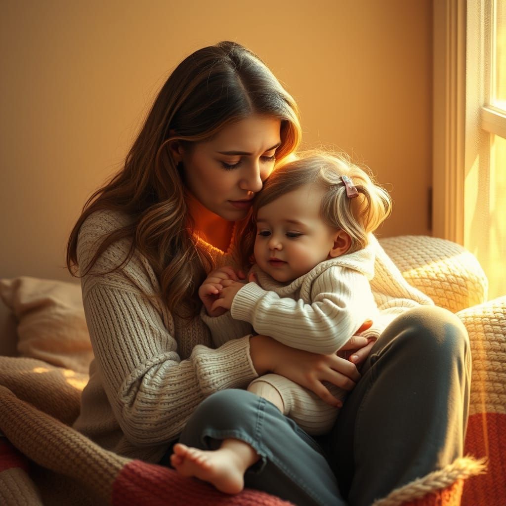 Tender Moment of Mother and Child in Warm, Golden Light