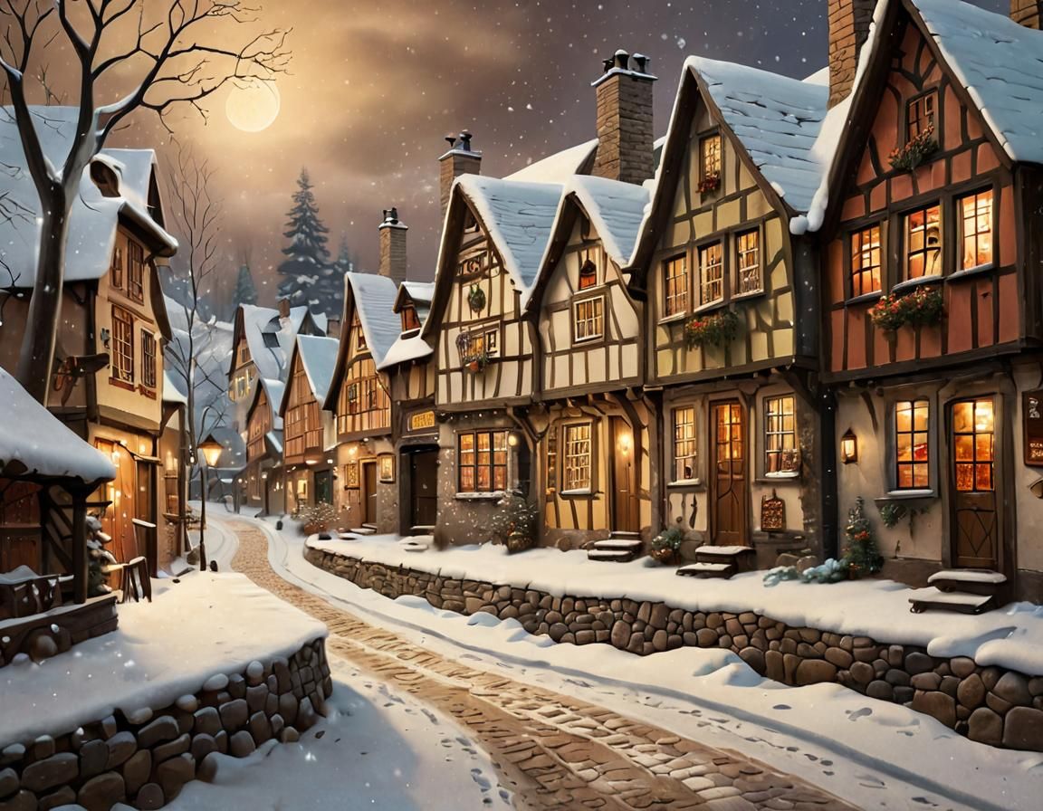 Winter Village Scene in Whimsical Folk Art Style