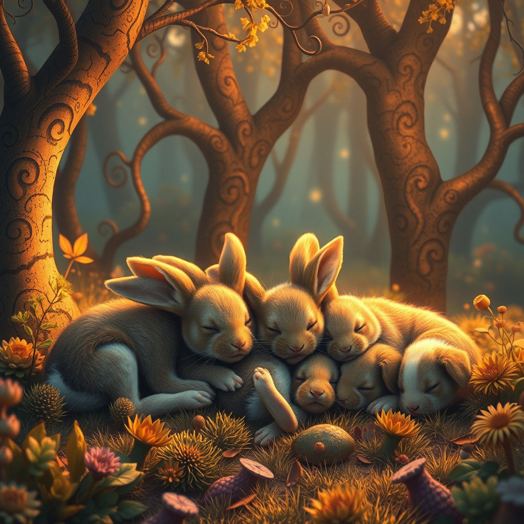 Dreamlike Forest Scene: Bunnies and Puppies Asleep