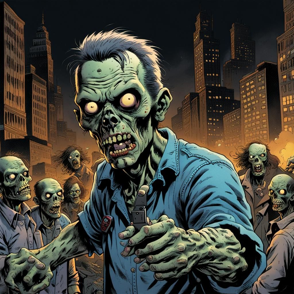 Zombie Selfie During City Invasion: Macabre Horror
