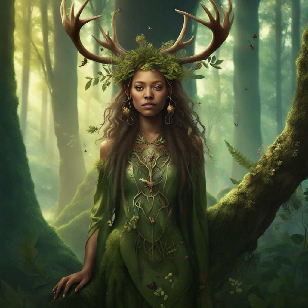 Forest Goddess with Deer Antlers in Detailed Matte Painting