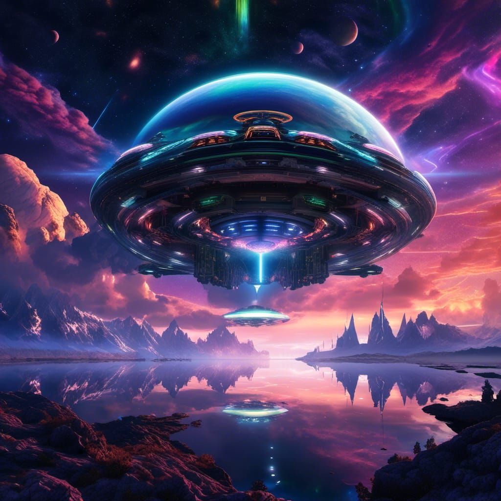 Alien Spaceship Over Fantasy Landscape in 3D Game Art