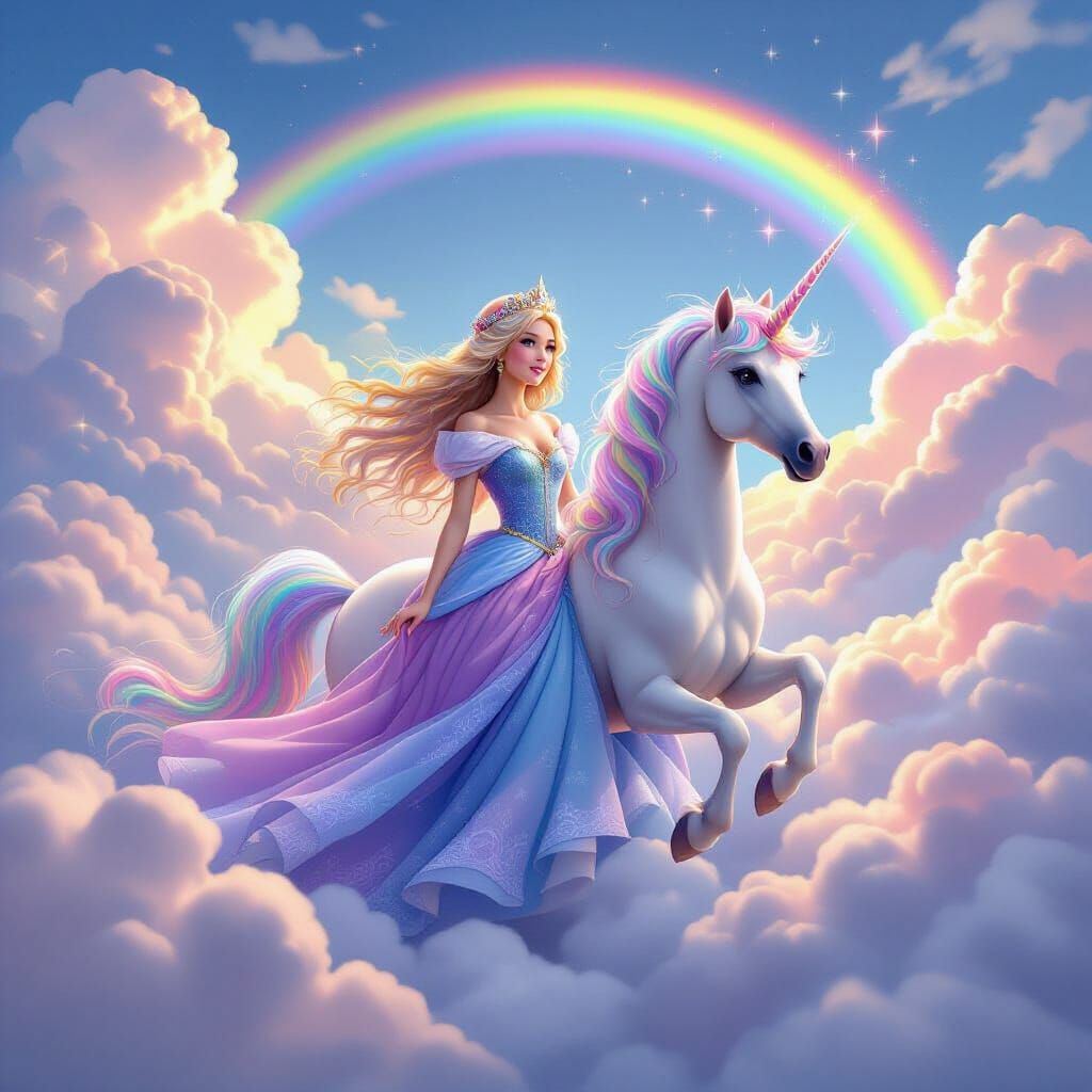 Rainbow Princess with Unicorn in Dreamy Cloudscape