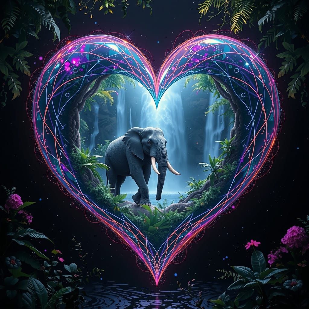 Majestic Elephant in a Lush Jungle Waterfall Portal, Fantasy...
