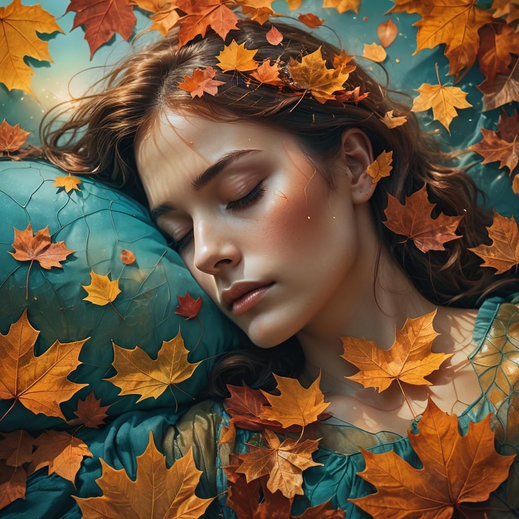 Woman Sleeping on Floating Autumn Leaf