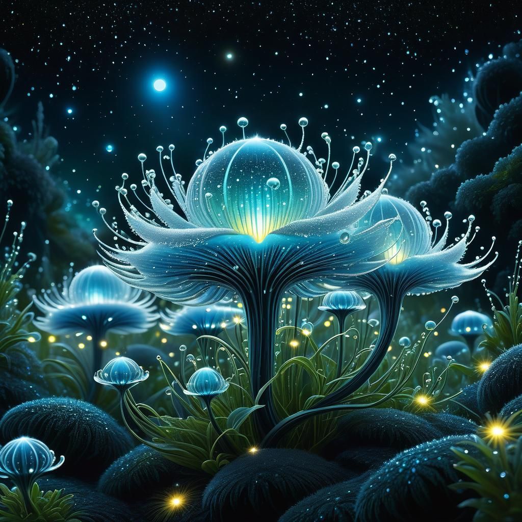 Bioluminescent Cosmic Landscape with Glowing Dew Drops